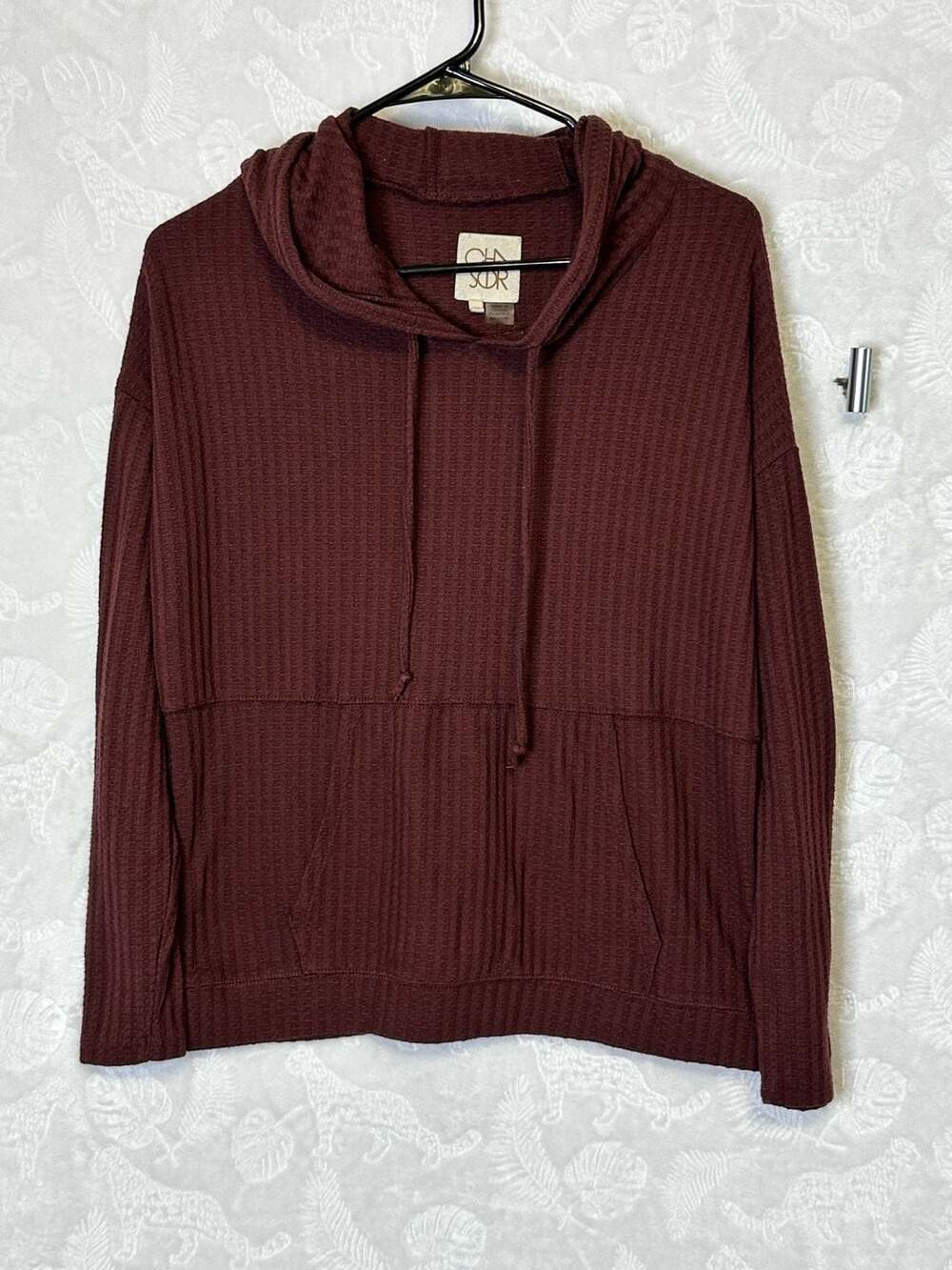 Chaser Women's Burgundy Waffle Knit Long Sleeve Pullover Hoodie